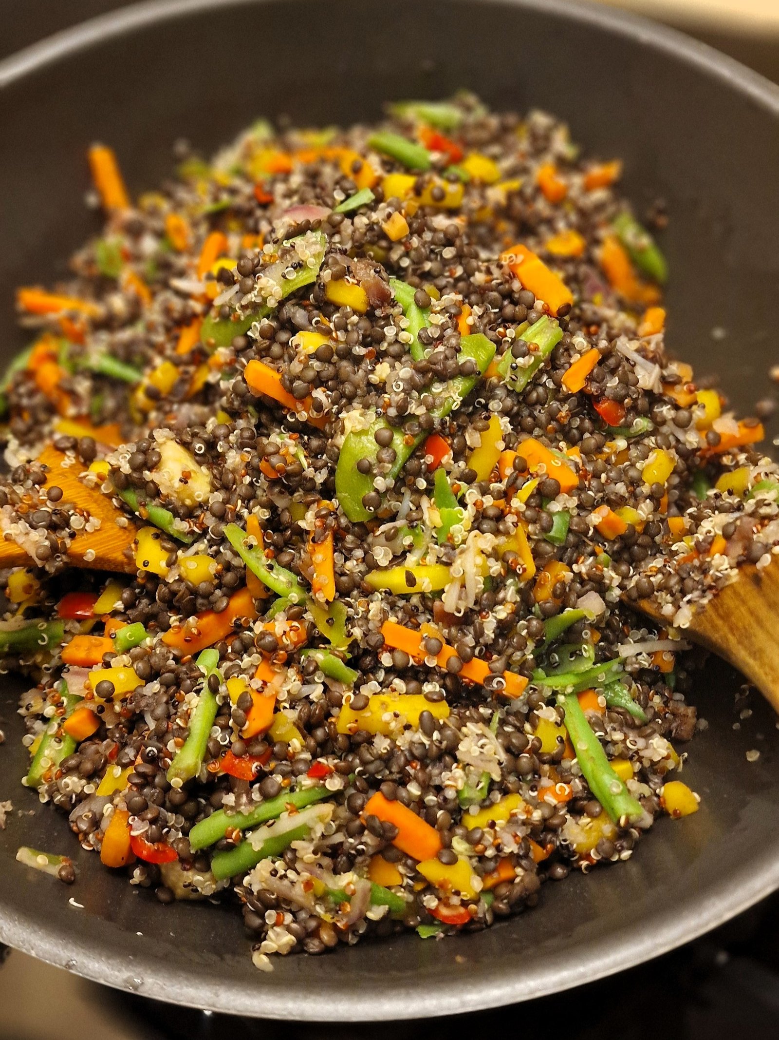 Warm black lentil and quinoa salad